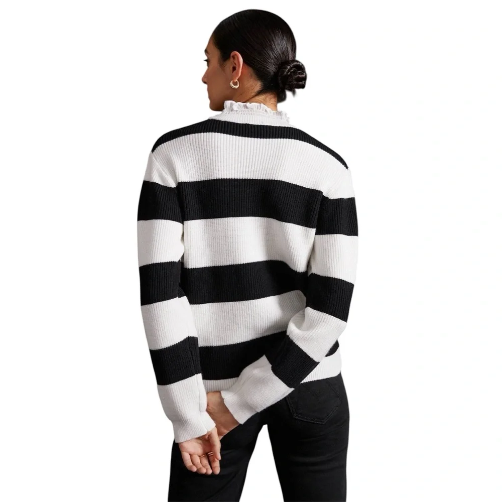 ANTHROPOLOGIE Ruffle Collar Sweater White Black Striped Pullover Medium NWT - Picture 3 of 13